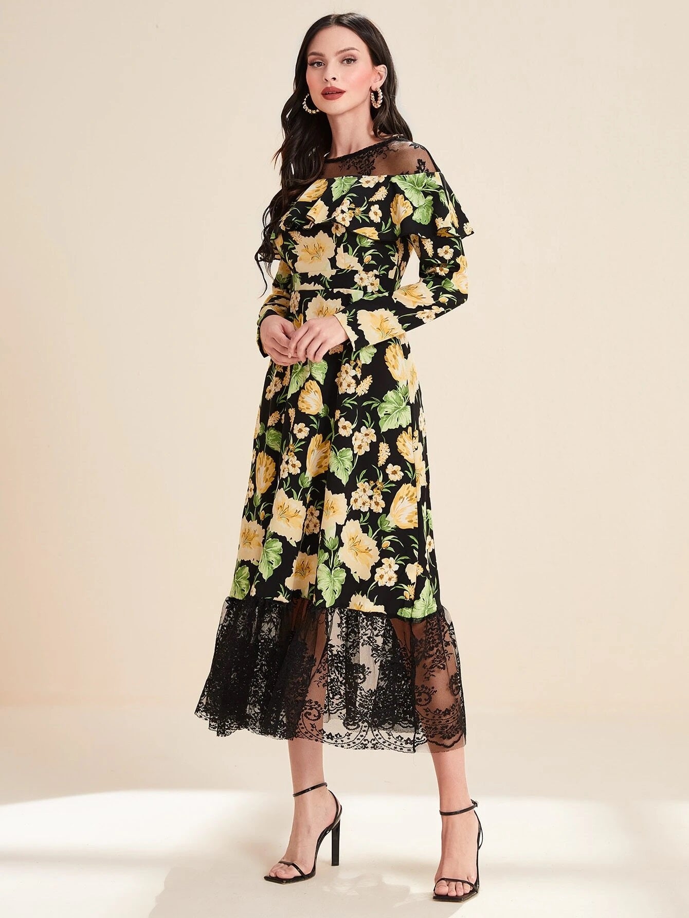 CM-DS426990 Women Elegant Seoul Style Floral Print Contrast Lace Ruffle Hem Dress