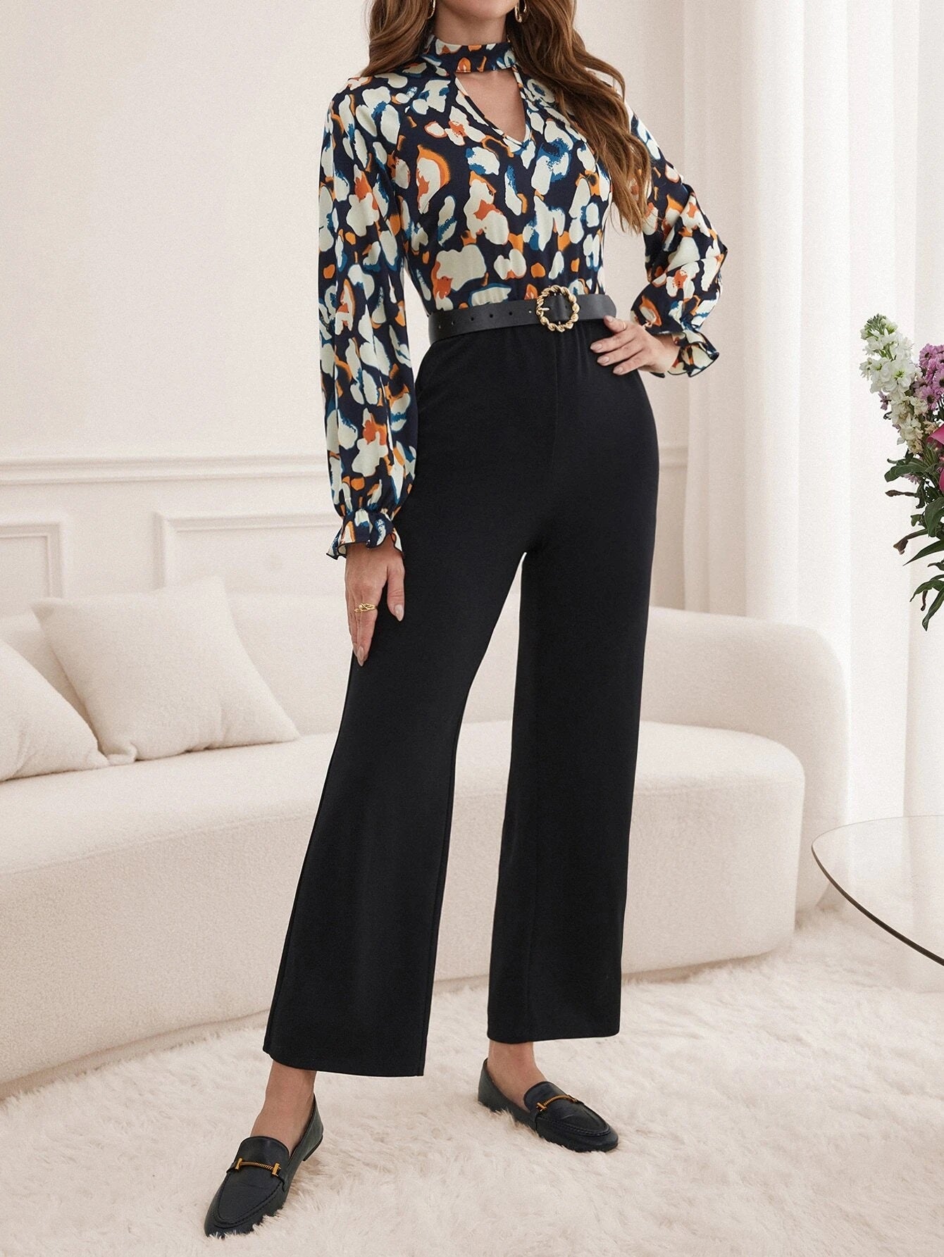 CM-JS722711 Women Casual Seoul Style Long Sleeve Graphic Print Choker Neck Jumpsuit