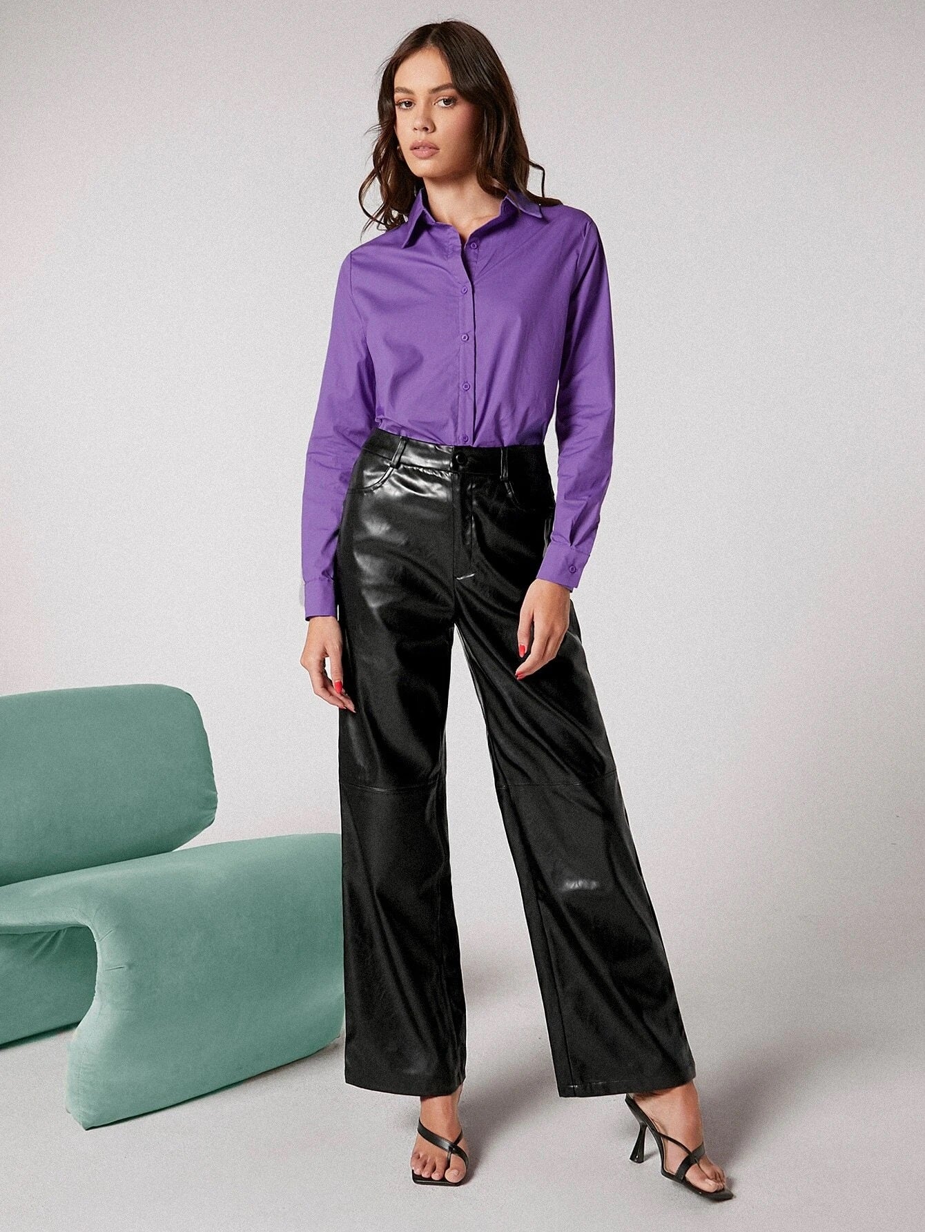 CM-BS111339 Women Elegant Seoul Style Zipper Fly Palazzo PU Pants - Black