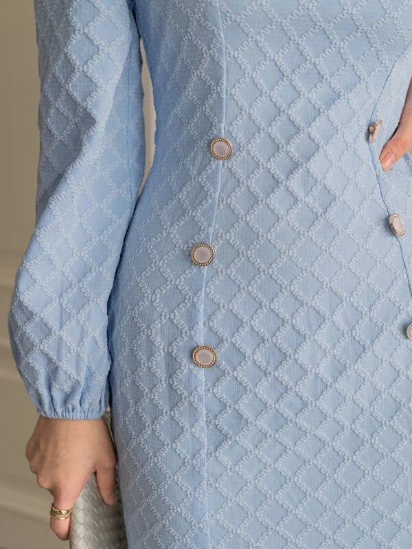 CM-DS179415 Women Elegant Seoul Style Square Neck Lantern Sleeve Mermaid Hem Jacquard Dress