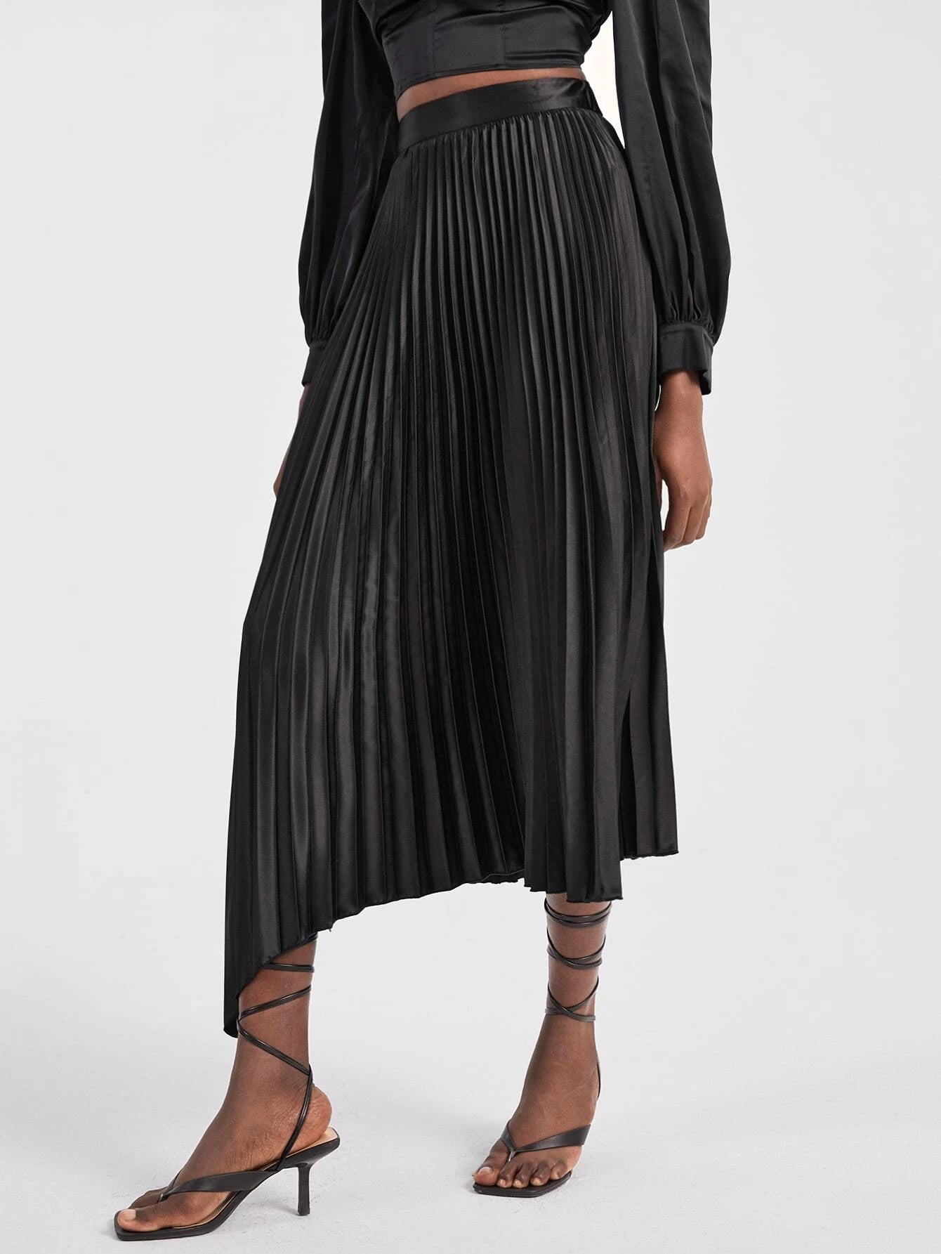 CM-BS477198 Women Elegant Seoul Style Asymmetrical Hem Pleated Skirt - Black