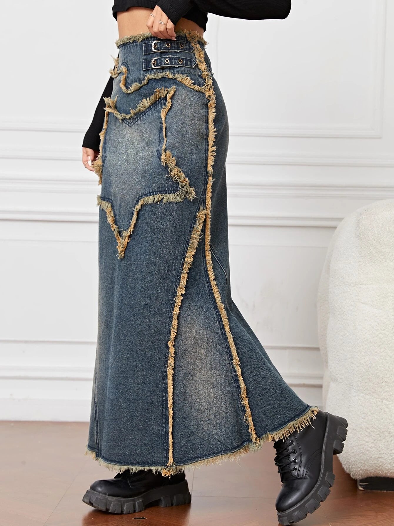 CM-BS771849 Women Preppy Seoul Style Dark Wash Raw Trim Mermaid Denim Skirt