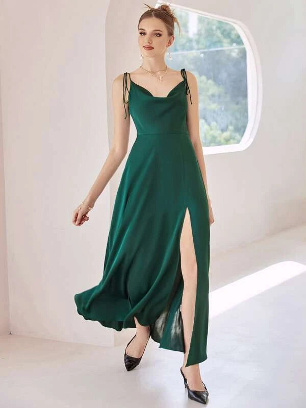 CM-DS512900 Women Elegant Seoul Style Tie Shoulder Solid Maxi Satin Cami Dress - Dark Green