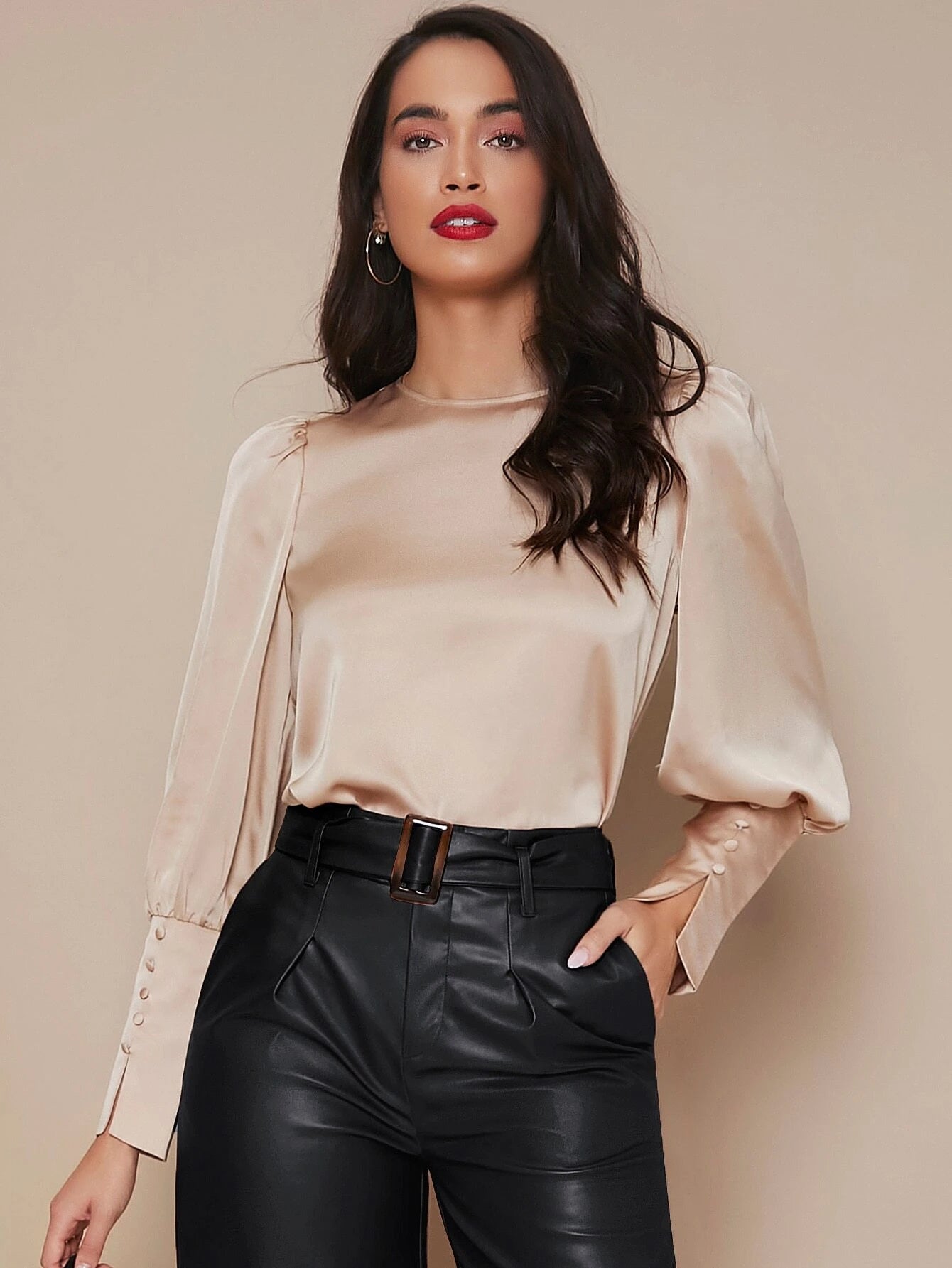 CM-TS021232 Women Elegant Seoul Style Buttoned Cuff Lantern Sleeve Satin Top - Champagne