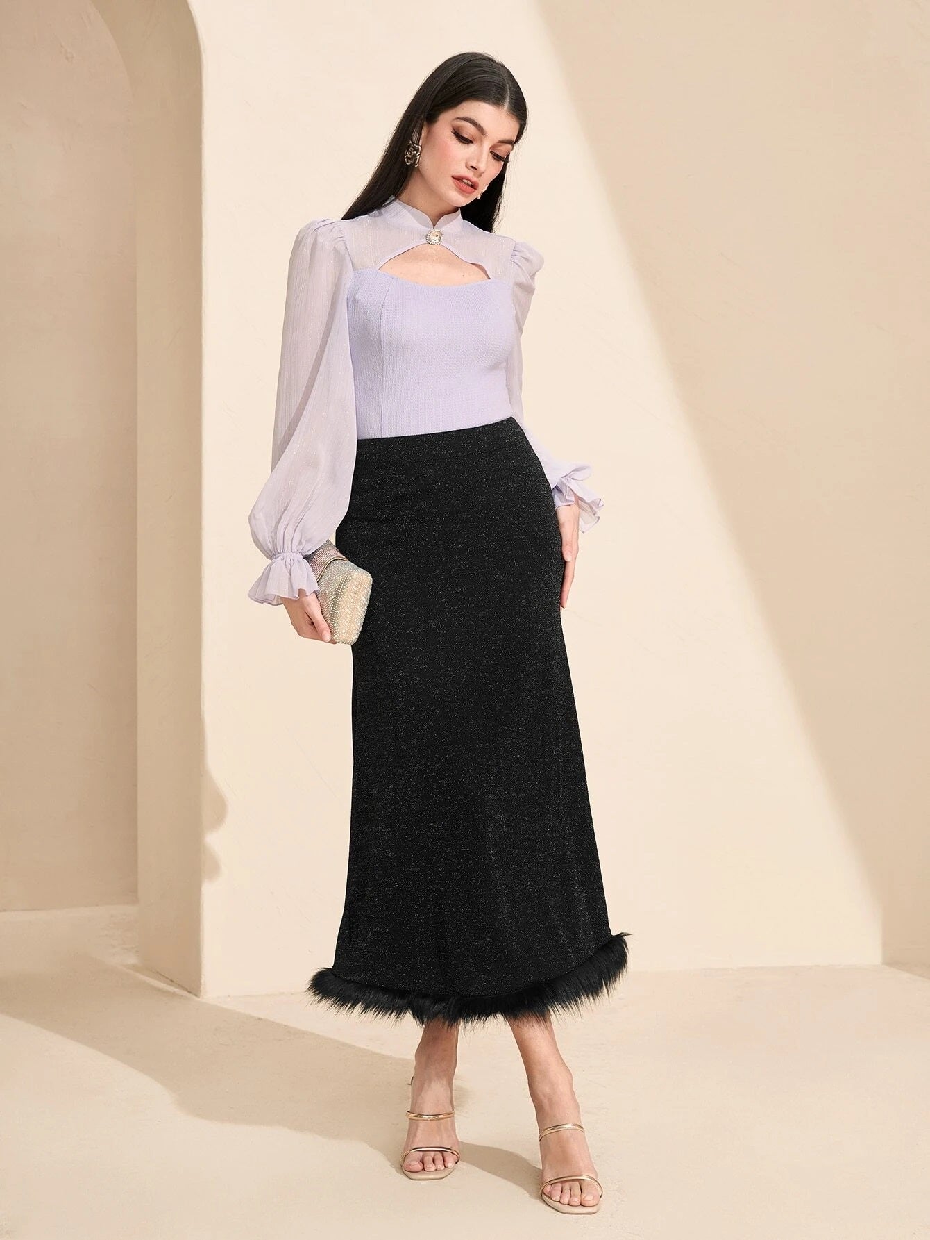CM-BS610801 Women Casual Seoul Style High Waist Fuzzy Hem Glitter Skirt - Black
