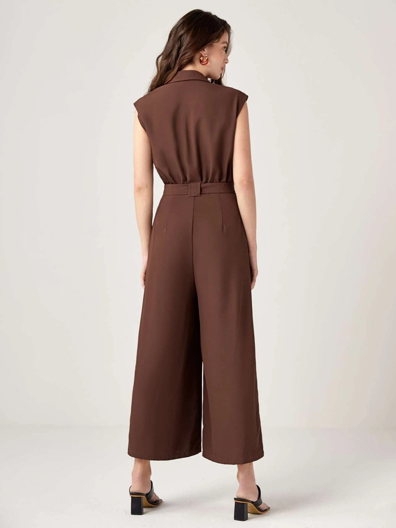 CM-JS581582 Women Casual Seoul Style Button Front Belted Wide Leg Jumpsuit - Coffee Brown