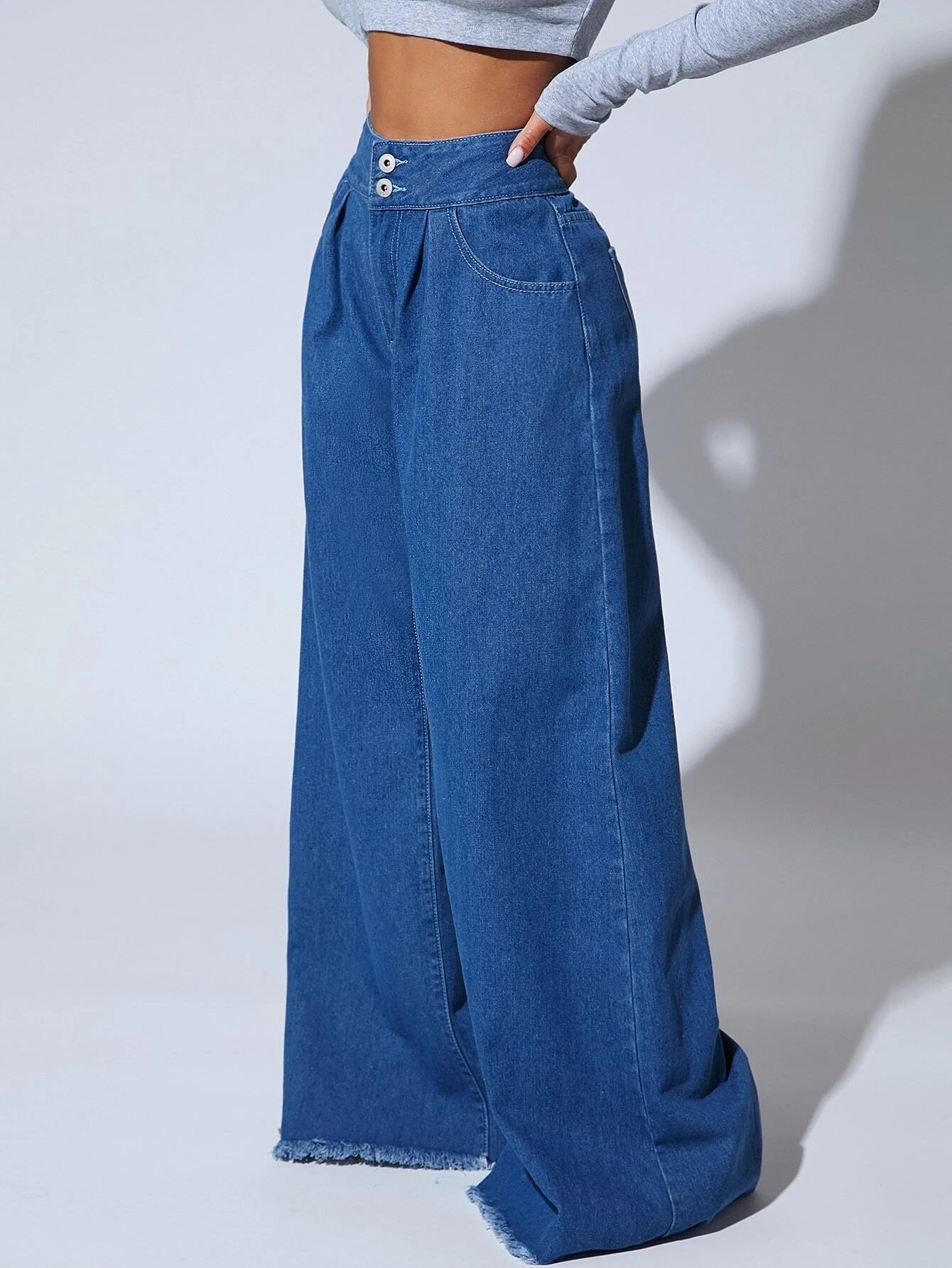 CM-BS478811 Women Preppy Seoul Style Medium Wash Raw Hem Wide Leg Jeans