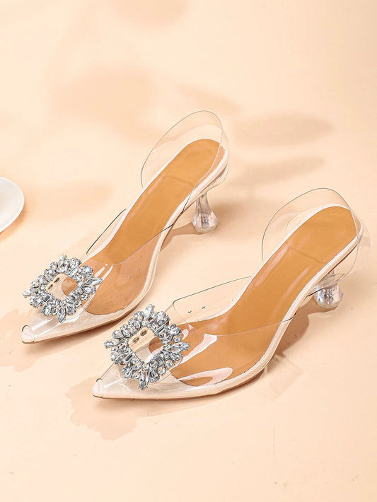 CM-SHS831216 Women Trendy Seoul Style Rhinestone Peep Toe Sculptural Heeled Slingback Pumps