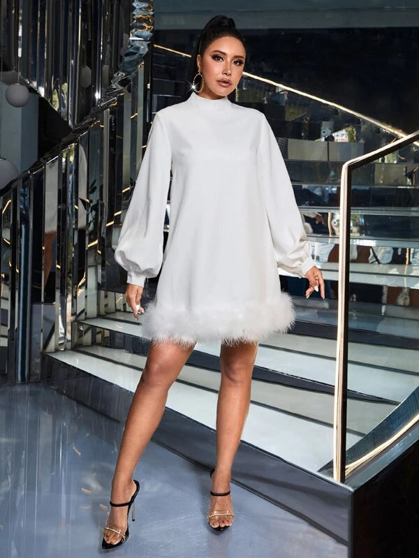 CM-DS169238 Women Elegant Seoul Style Mock Neck Fuzzy Trim Lantern Sleeve Dress