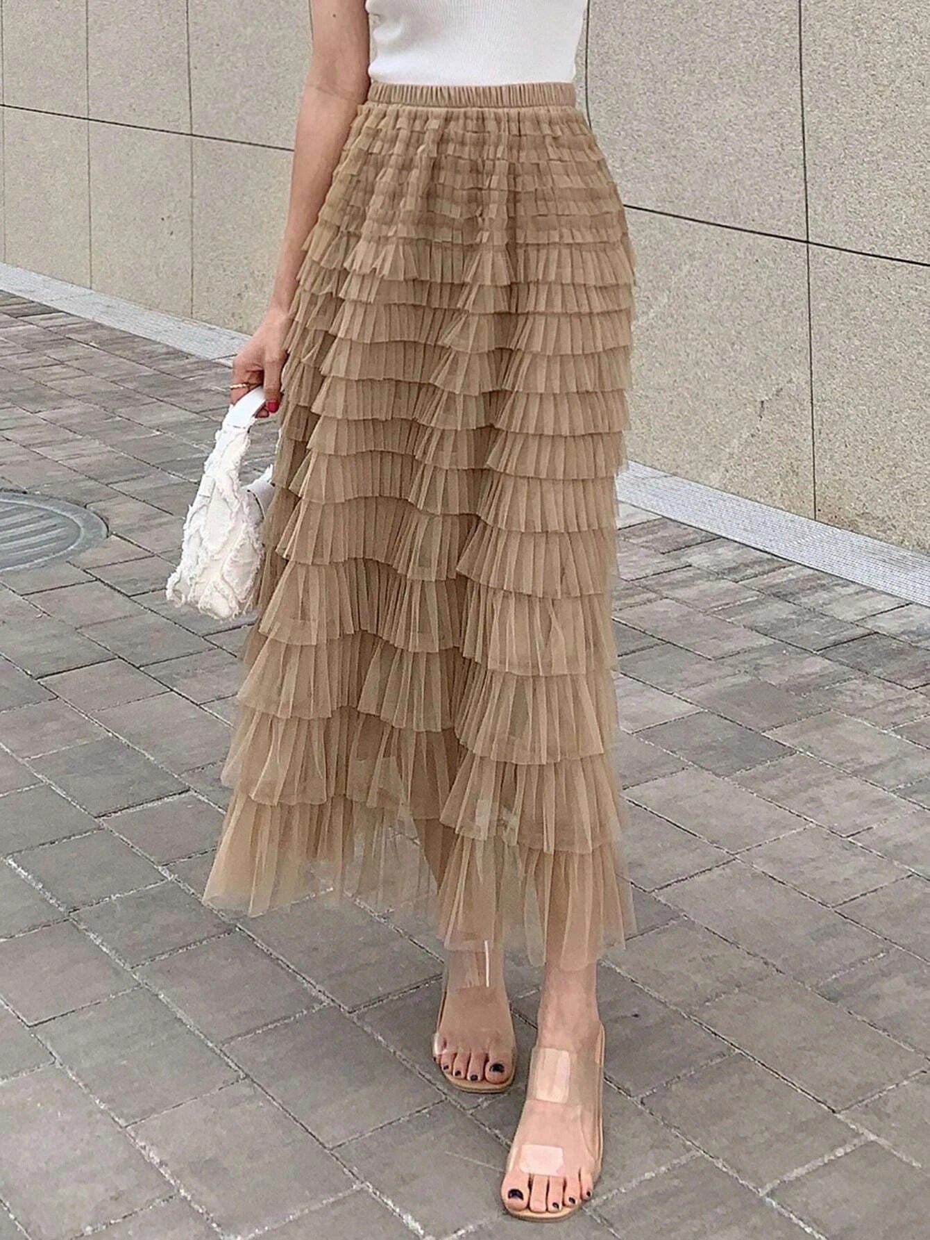 CM-BS317162 Women Casual Seoul Style Solid Layer Mesh Overlay Skirt - Khaki