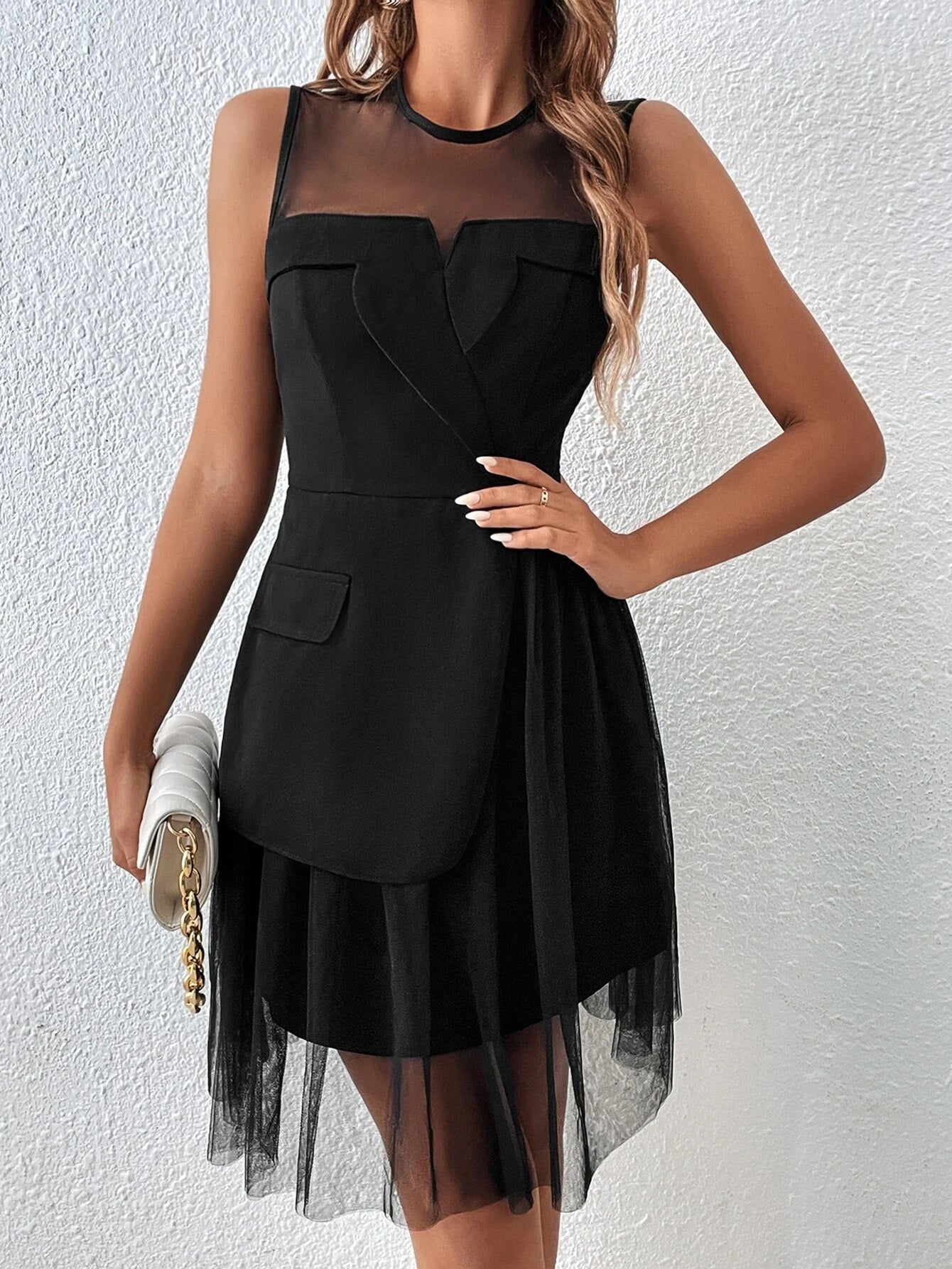 CM-DS193241 Women Elegant Seoul Style Contrast Mesh Ruffle Hem Dress - Black
