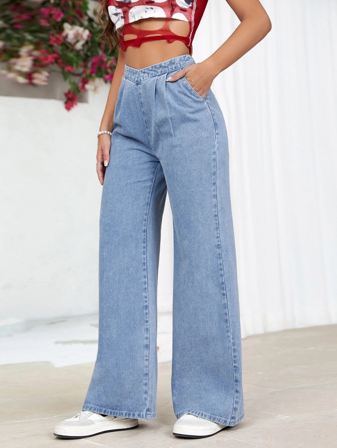 CM-BS136861 Women Preppy Seoul Style Light Wash Pleated Detail Wide Leg Jeans