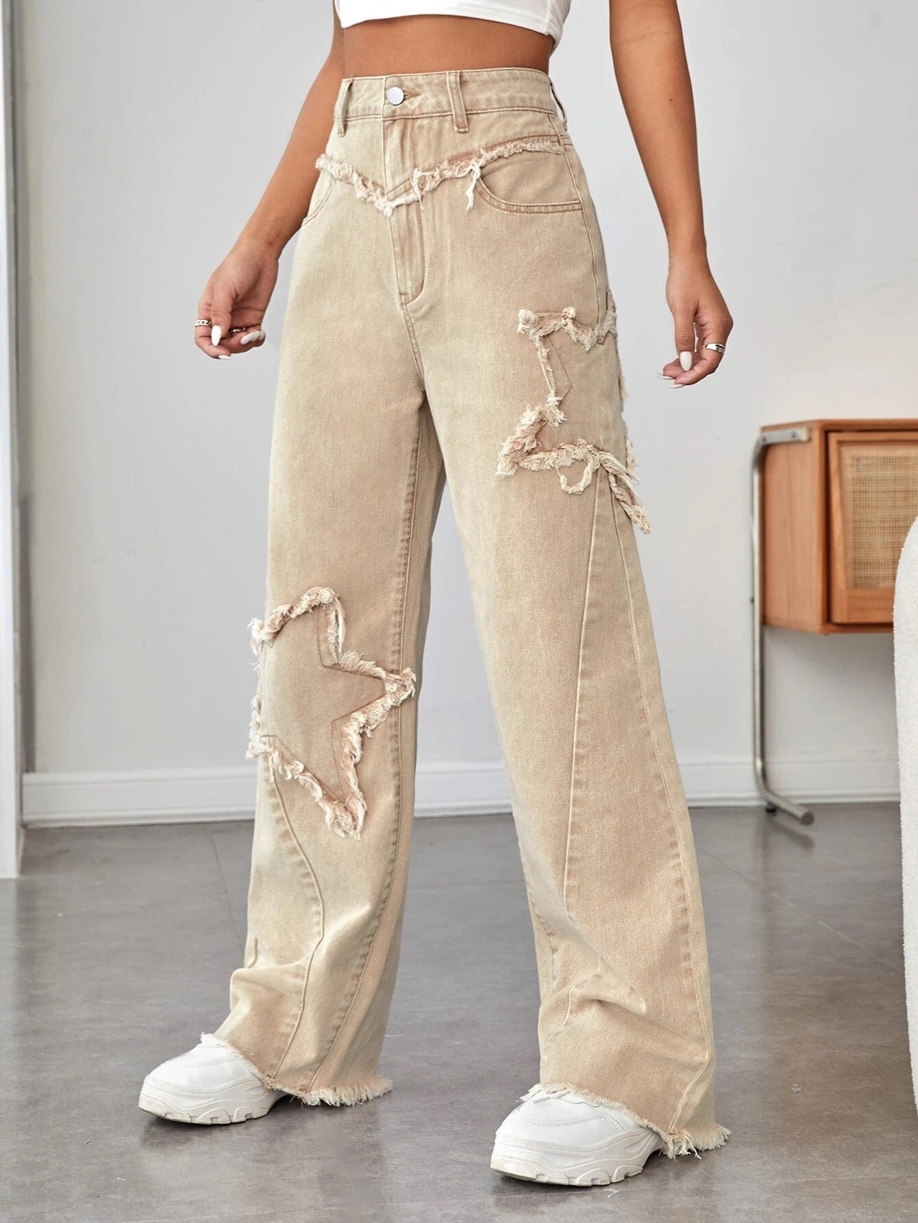 CM-BS161262 Women Casual Seoul Style High Waist Raw Trim Wide Leg Jeans - Khaki
