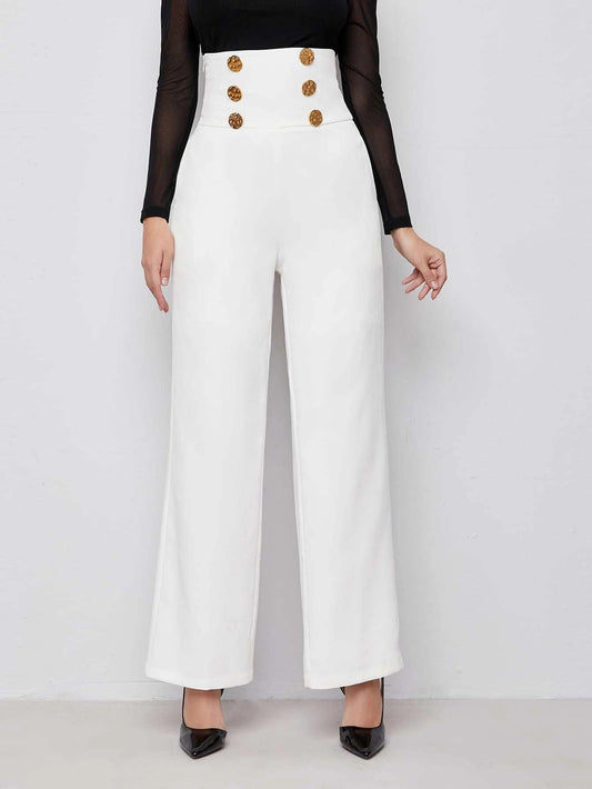 CM-BS125410 Women Elegant Seoul Style Double Breasted Wide Waistband Pants - White