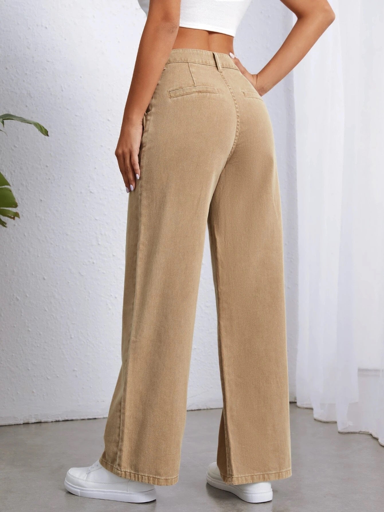 CM-BS001641 Women Preppy Seoul Style High Waist Wide Leg Jeans - Khaki