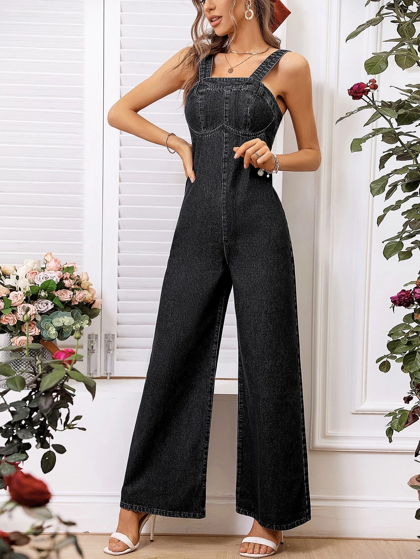CM-JS774571 Women Preppy Seoul Style Washed Wide Leg Denim Overalls - Black