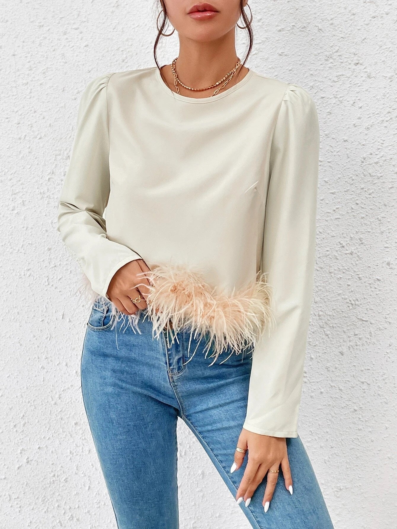 CM-TS987778 Women Elegant Seoul Style Puff Sleeve Fuzzy Trim Blouse - Beige