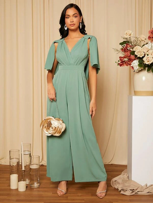 CM-JS041441 Women Elegant Seoul Style Plicated Detail Cloak Sleeve Wide Leg Jumpsuit