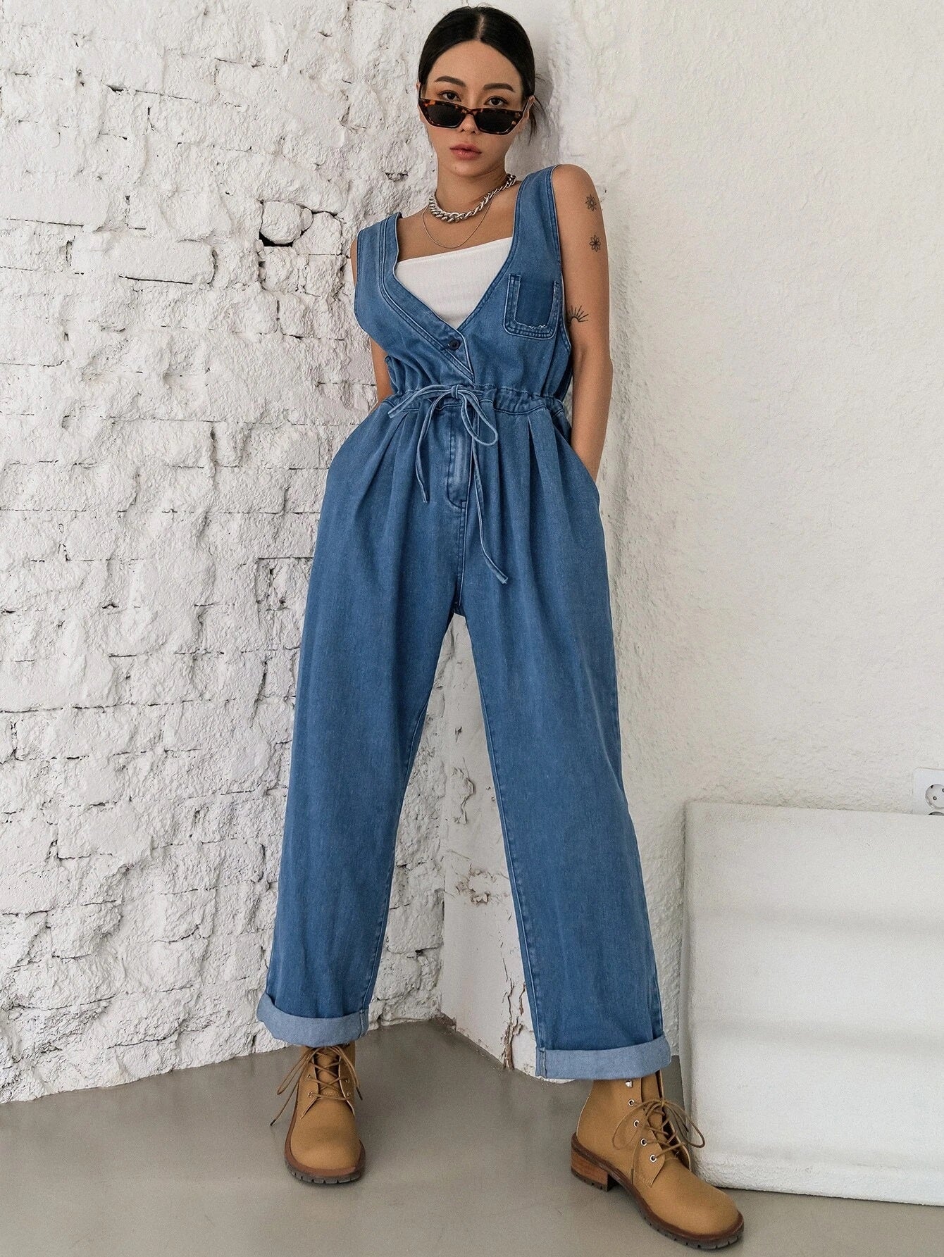 CM-JS573092 Women Preppy Seoul Style Plicated Detail Drawstring Waist Denim Overalls