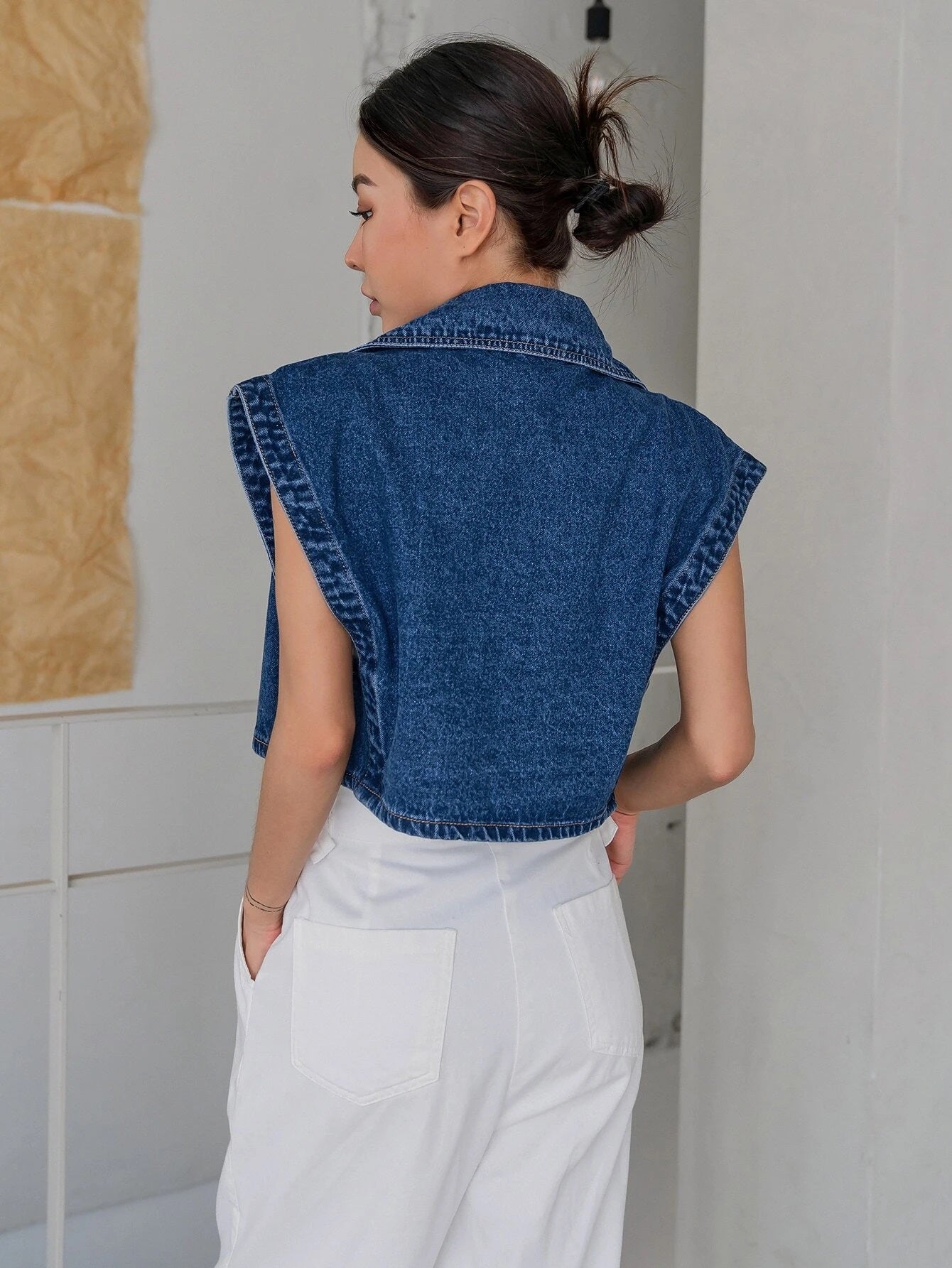 CM-TS223127 Women Casual Seoul Style Batwing Sleeve Double Breasted Denim Shirt