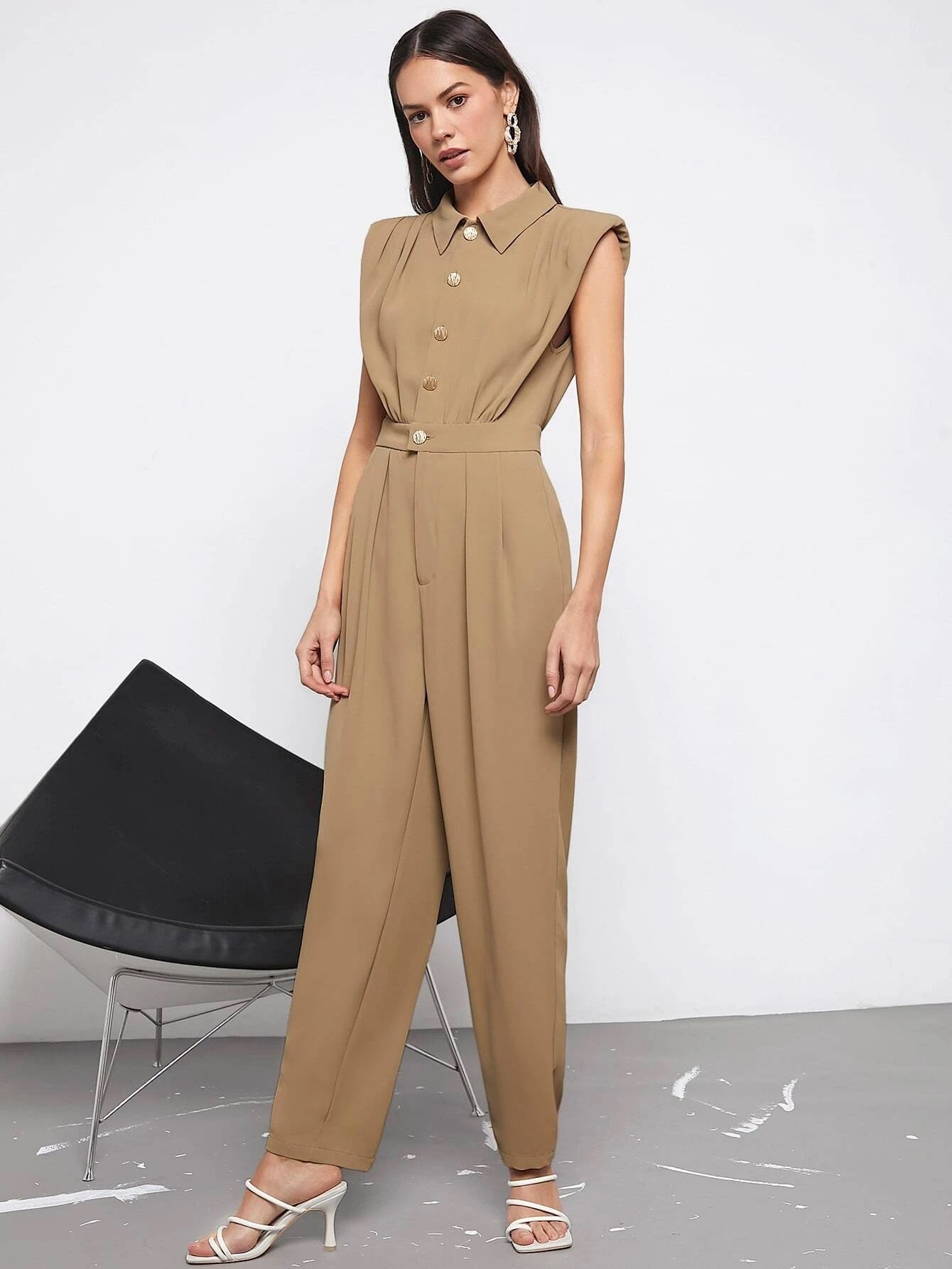 CM-JS611690 Women Elegant Seoul Style Solid Button Front Shoulder Pad Sleeveless Jumpsuit