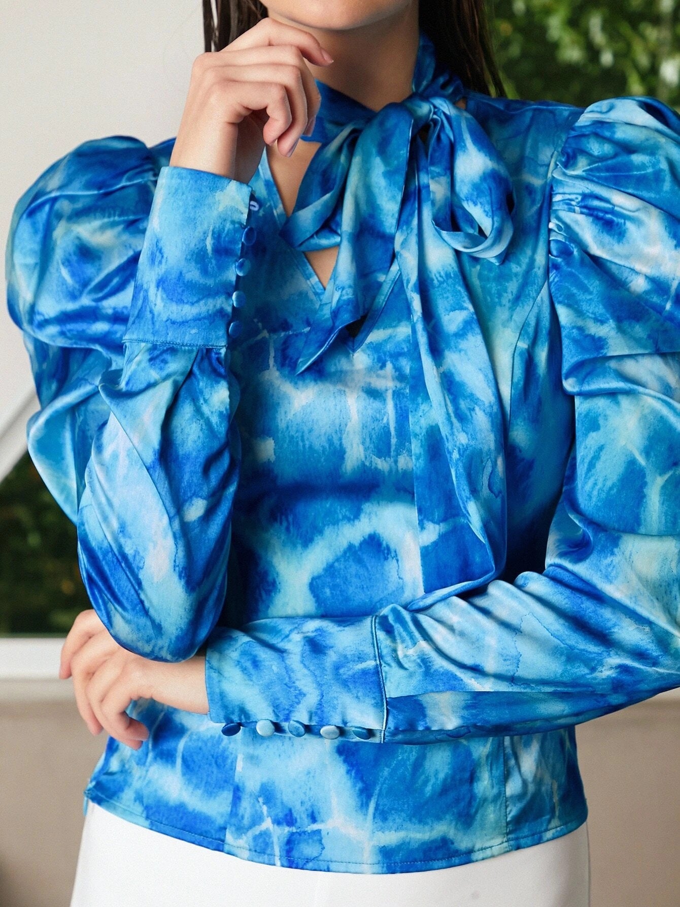 CM-TS077576 Women Elegant Seoul Style Tie Dye Tie Neck Gigot Sleeve Blouse