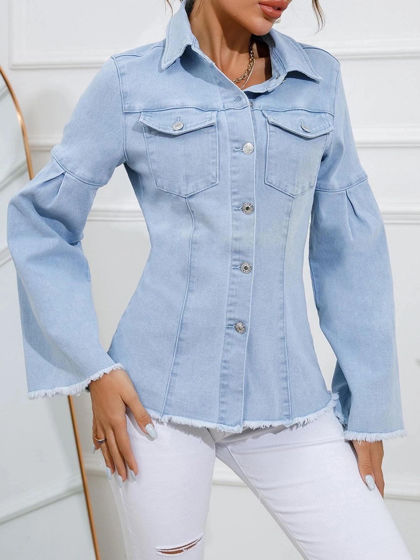 CM-TS002260 Women Preppy Seoul Style Light Wash Flap Pocket Raw Cut Denim Shirt
