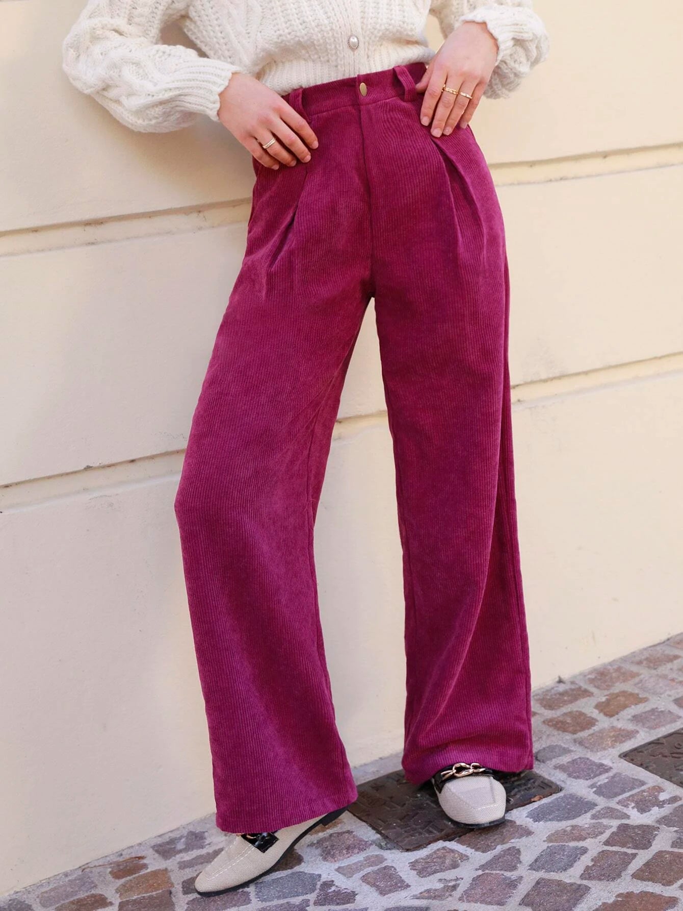 CM-BS034643 Women Casual Seoul Style High Waist Fold Pleated Corduroy Pants