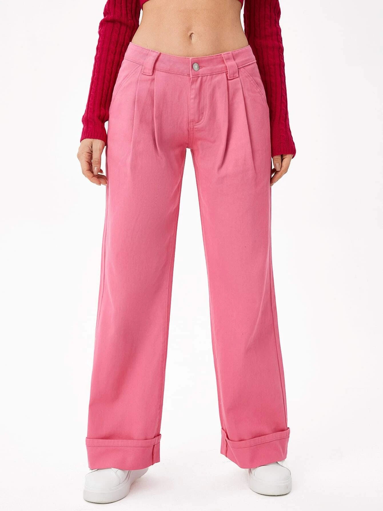 CM-BS670004 Women Casual Seoul Style Ultra Low Waist Plicated Detail Wide Leg Jeans - Pink