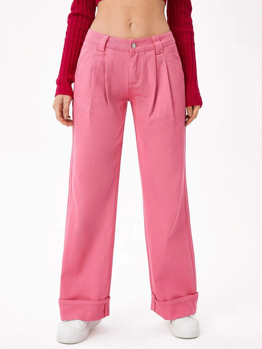 CM-BS670004 Women Casual Seoul Style Ultra Low Waist Plicated Detail Wide Leg Jeans - Pink