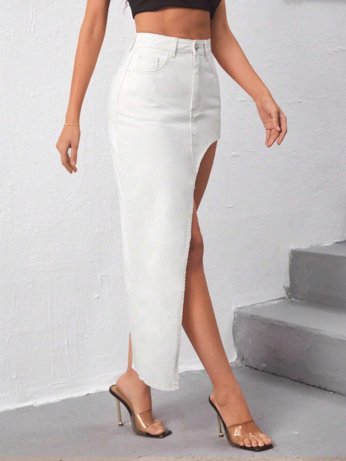 CM-BS566861 Women Elegant Seoul Style High Waist Asymmetrical Hem Denim Skirt - Apricot