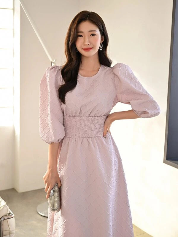 CM-DS451492 Women Casual Seoul Style Solid Puff Sleeve A-Line Dress - Dusty Pink