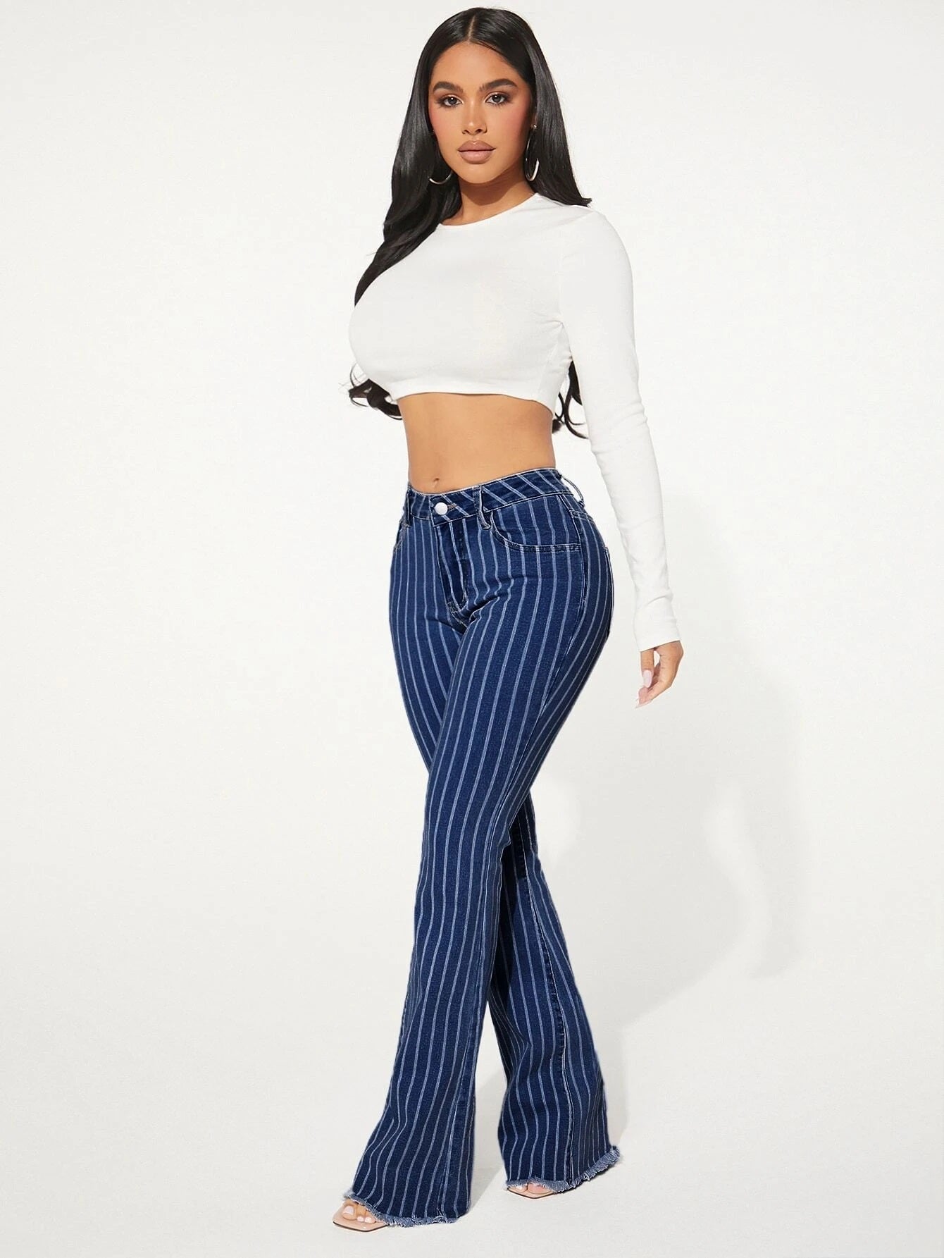CM-BS332260 Women Preppy Seoul Style Dark Wash Drop Waist Striped Pattern Flare Leg Jeans