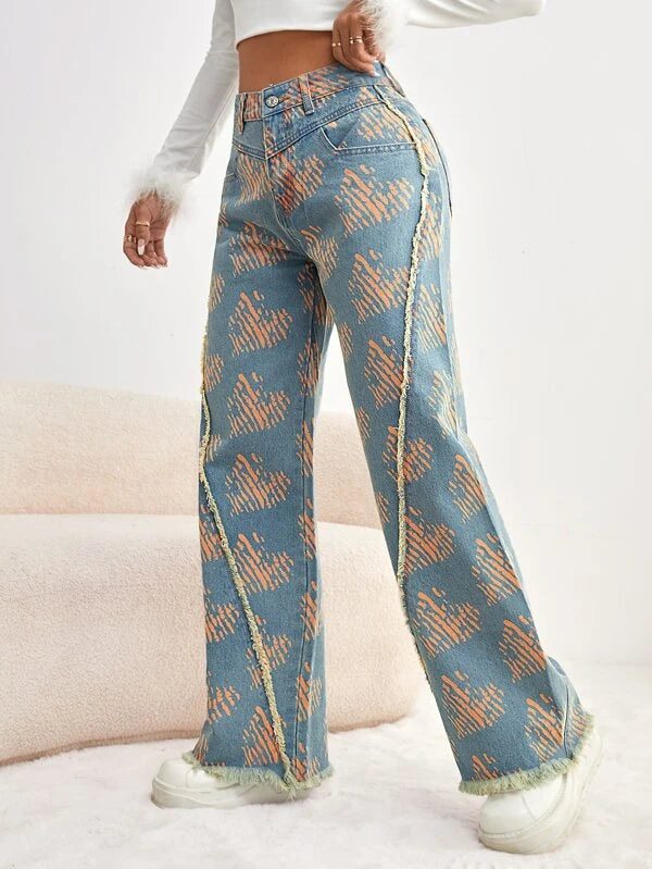 CM-BS199133 Women Preppy Seoul Style Heart Print Raw Hem Wide Leg Jeans