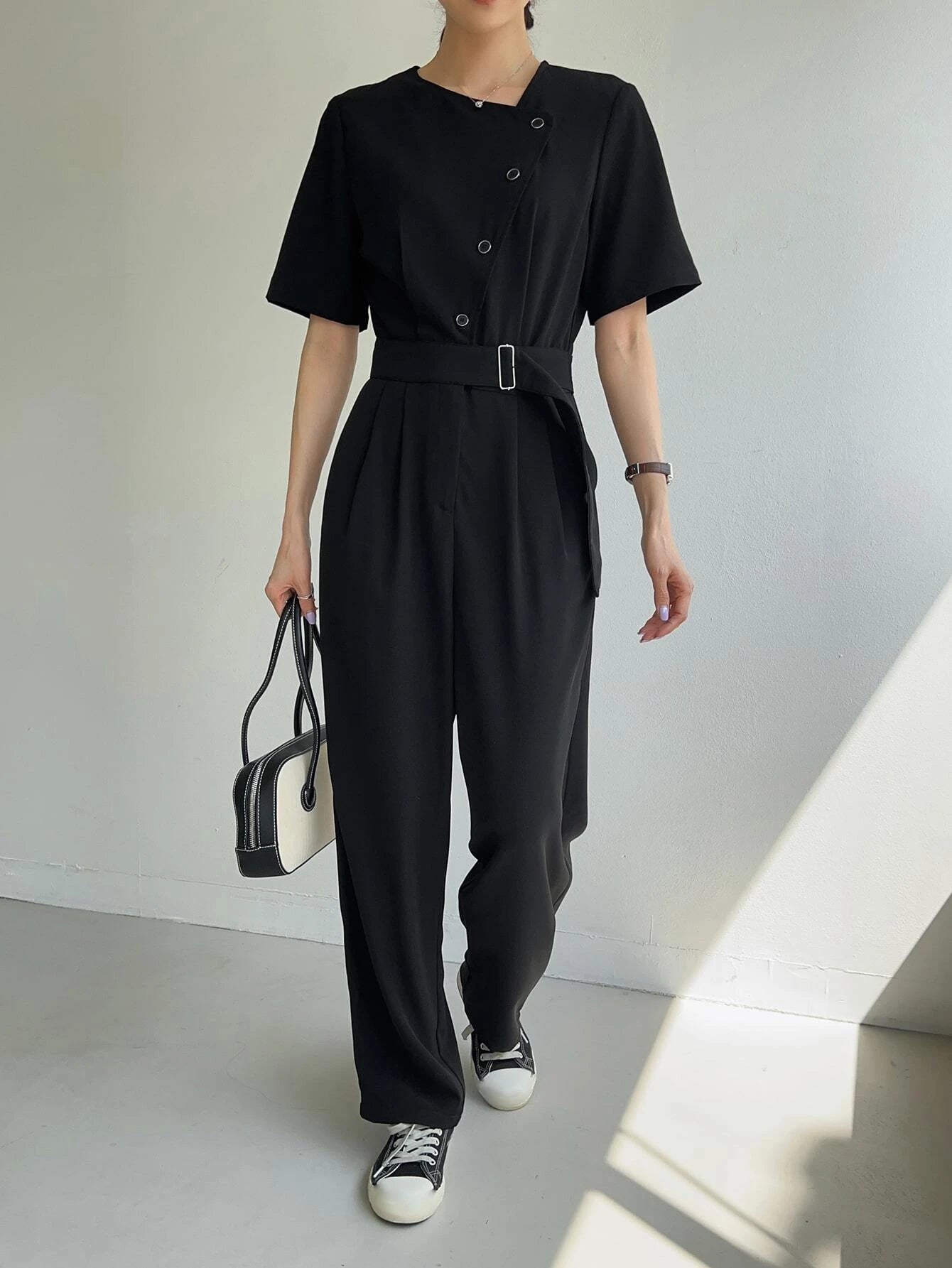 CM-JS205721 Women Casual Seoul Style Solid Button Front Slant Pocket Buckle Jumpsuit