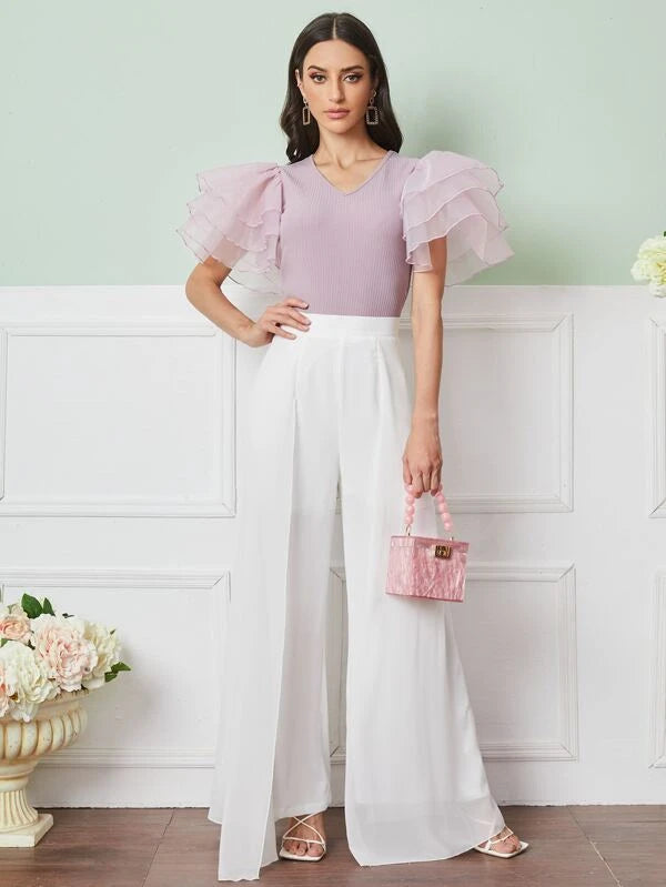 CM-BS425447 Women Elegant Seoul Style Zipper Back Wide Leg Pants With Cape