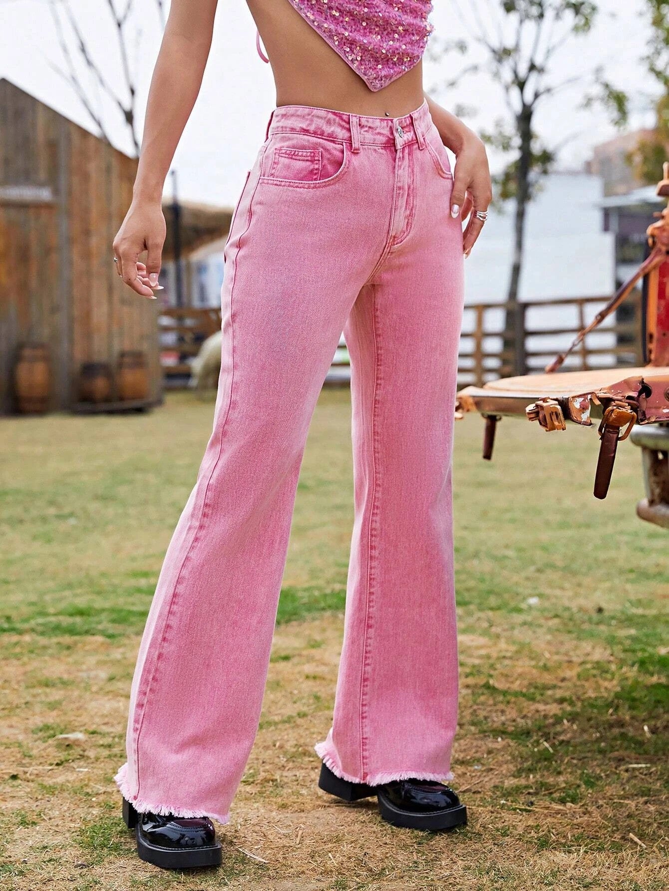CM-BS233009 Women Casual Seoul Style Drop Waist Solid Raw Hem Flare Leg Jeans - Pink