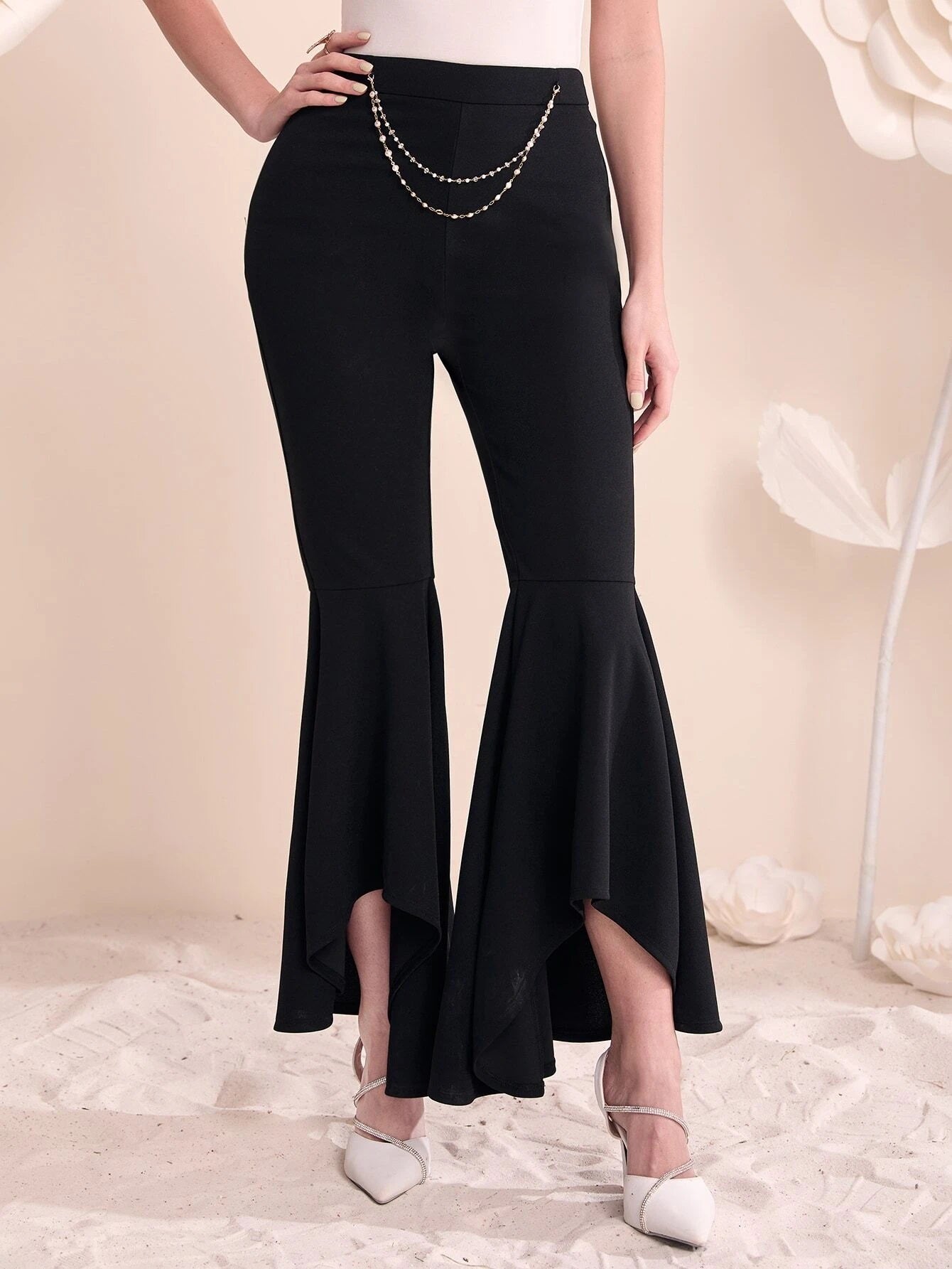 CM-BS138331 Women Elegant Seoul Style High Waist Chain Detail Flare Leg Pants - Black