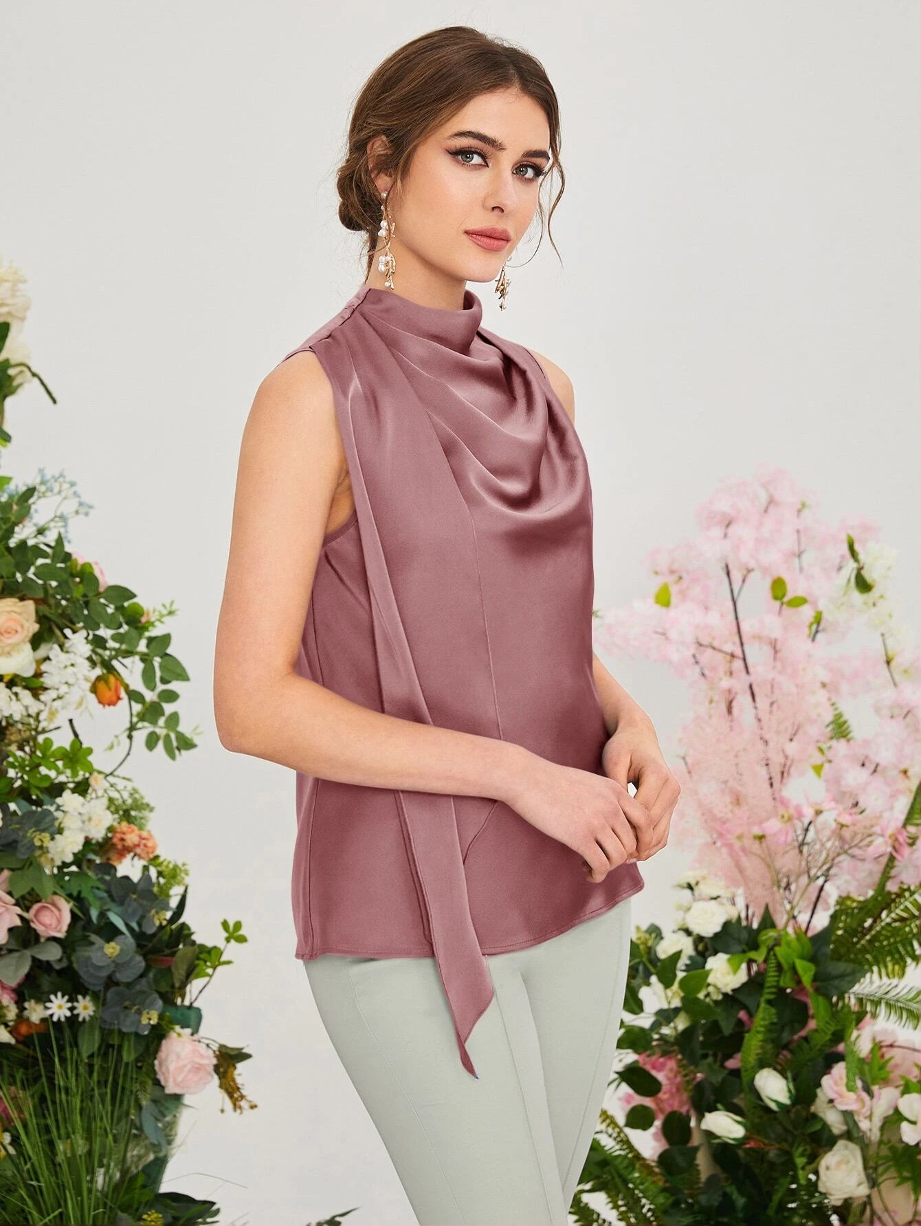 CM-TS198509 Women Casual Seoul Style Sleeveless Draped Keyhole Back Blouse - Dusty Pink
