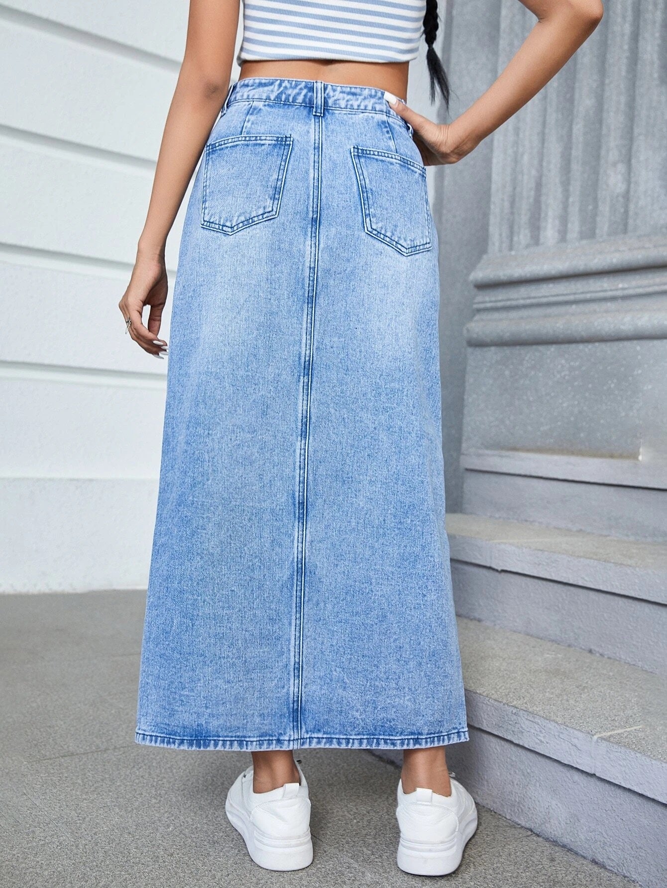 CM-BS795112 Women Casual Seoul Style Medium Wash Button Front Flap Pocket Denim Skirt