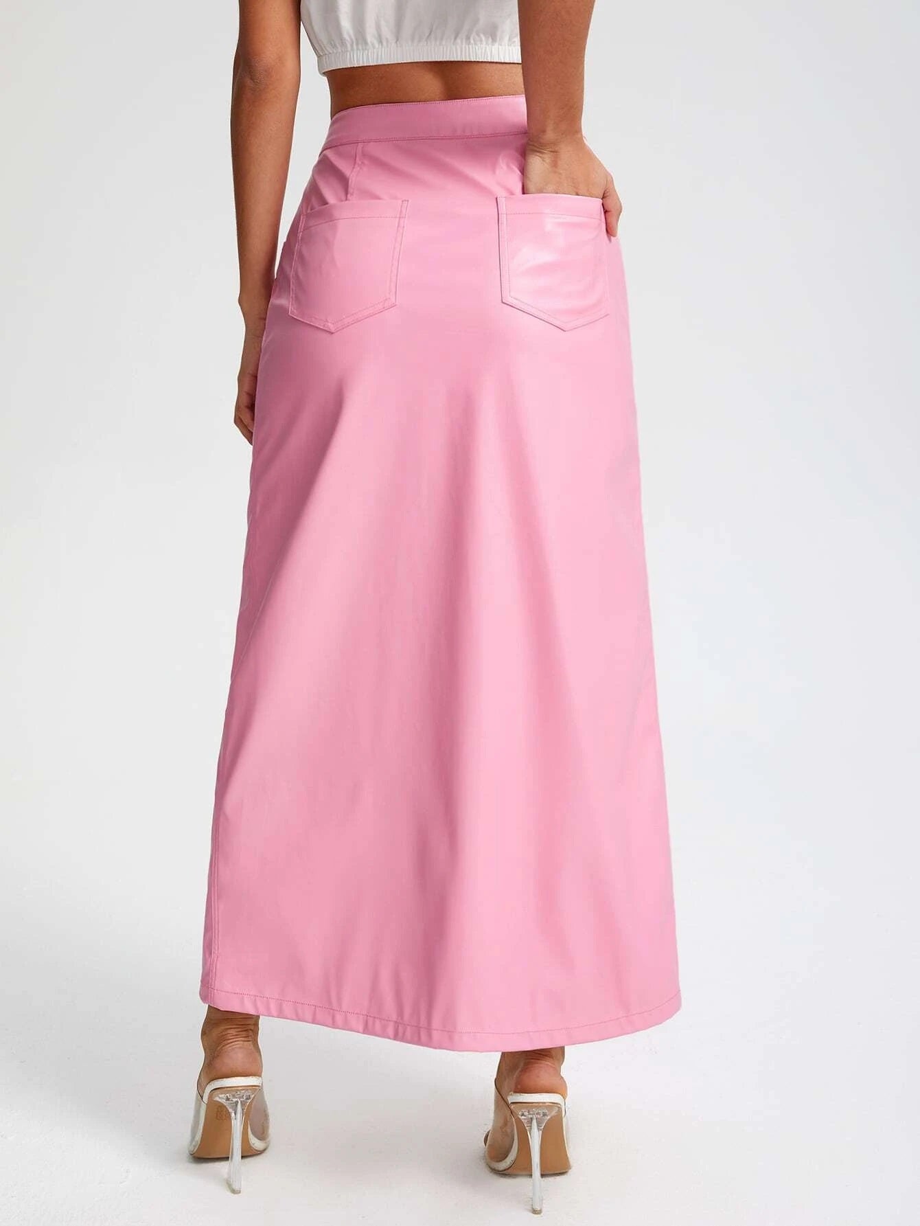 CM-BS538820 Women Elegant Seoul Style High Waist Button Front PU Leather Skirt - Pink