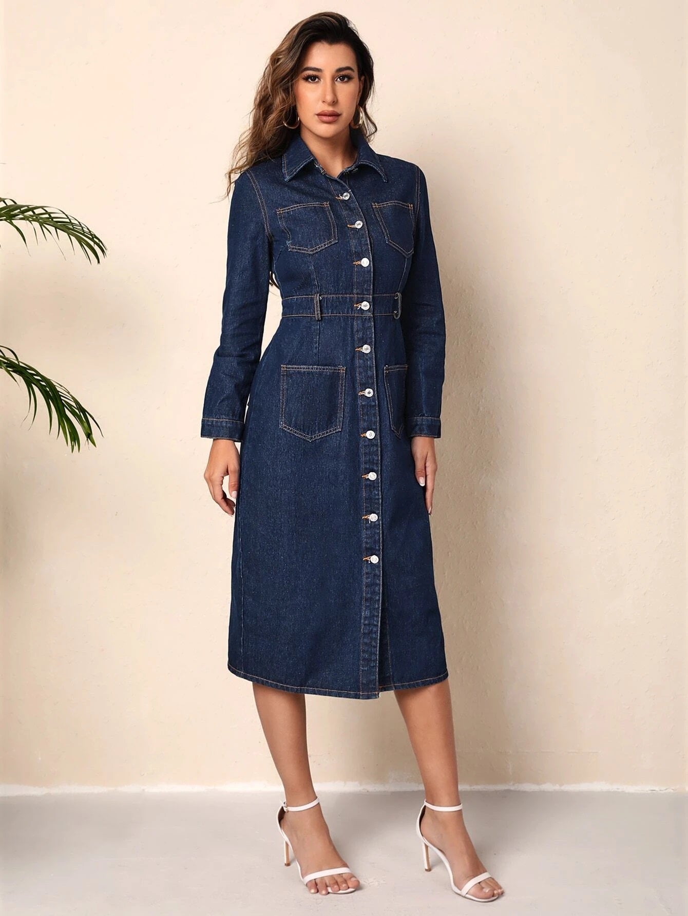 CM-DS693580 Women Preppy Seoul Style Dark Wash Dual Pocket Button Front Denim Dress