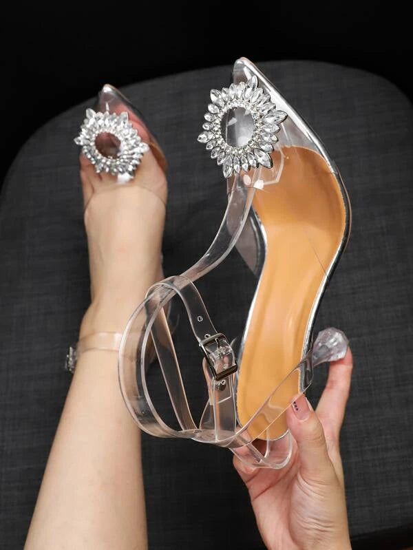 CM-SHS121014 Women Trendy Seoul Style Rhinestone Clear Pyramid Heeled Ankle Strap Pumps