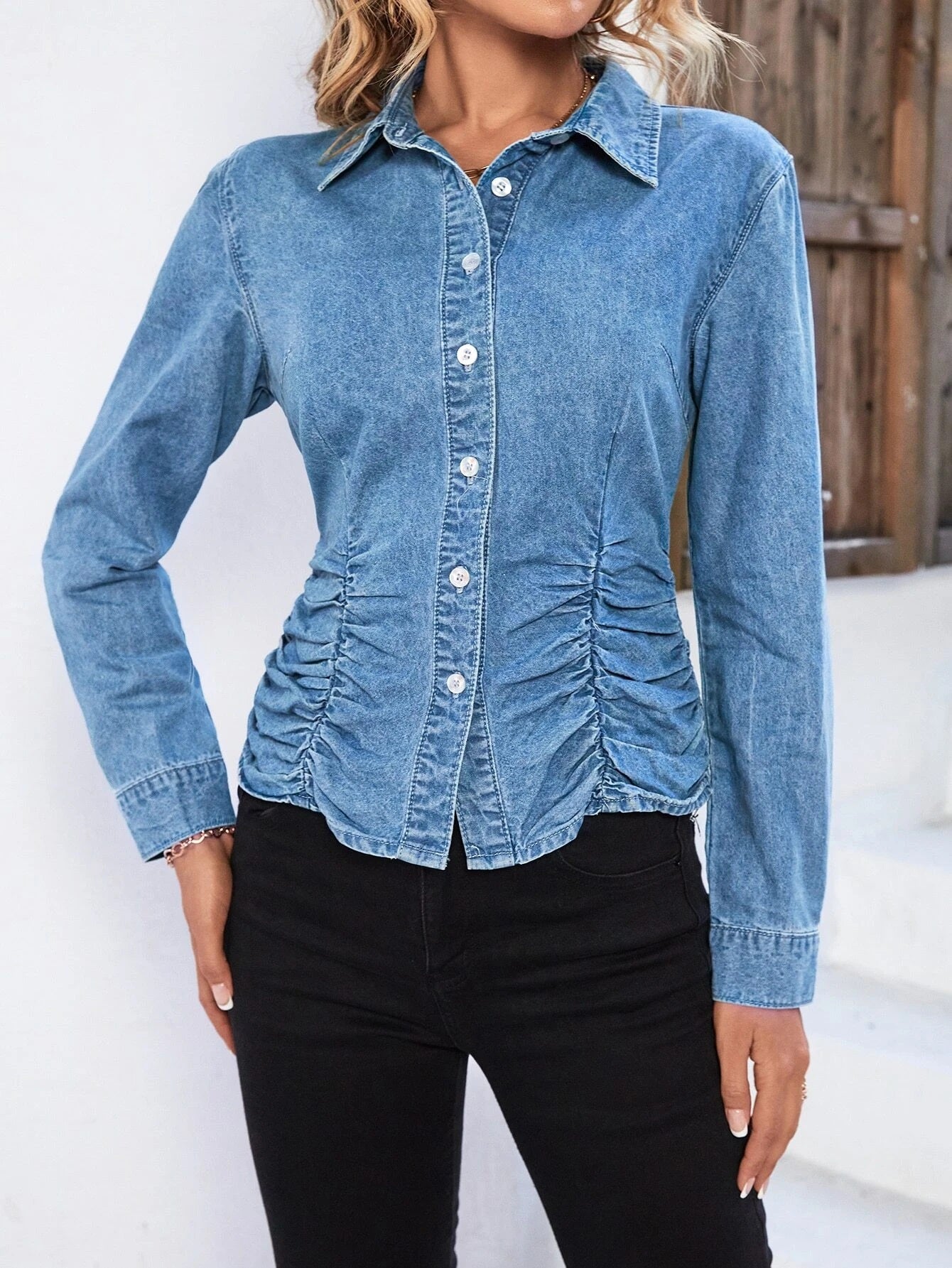 CM-TS739330 Women Casual Seoul Style Light Wash Button Front Ruched Denim Shirt