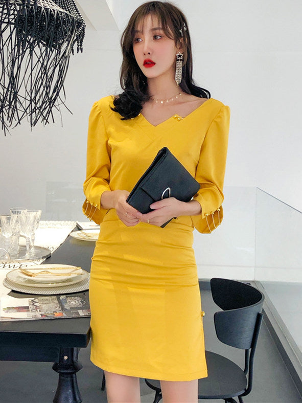 CM-DF122006 Women Casual Charming Seoul Style V-Neck Beads Sleeve Bodycon Dress - Yellow