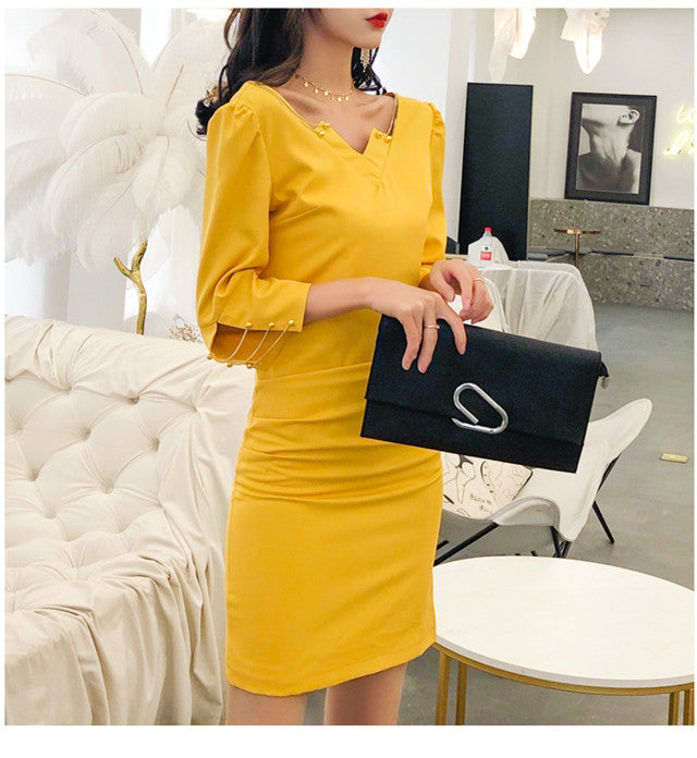 CM-DF122006 Women Casual Charming Seoul Style V-Neck Beads Sleeve Bodycon Dress - Yellow