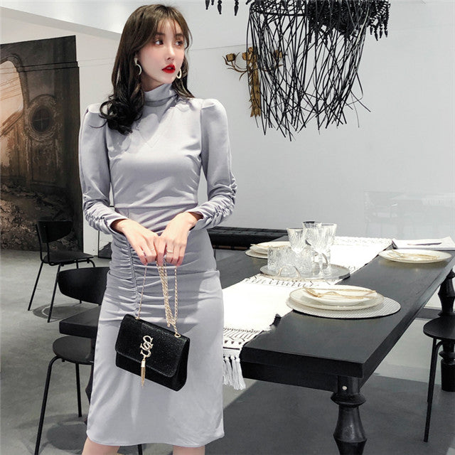 CM-DF122010 Women Elegant Seoul Style Long Sleeve Stand Collar Pleated Bodycon Dress - Gray