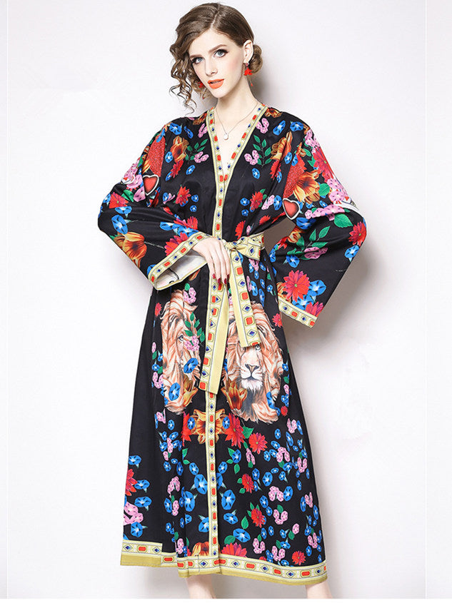 CM-DF122021 Women Casual Charming Seoul Style Tie Waist Floral Prints Loosen Dress