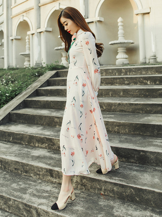 CM-DF071610 Women Casual Seoul Style Doll Collar With Brooch Floral Chiffon Long Dress
