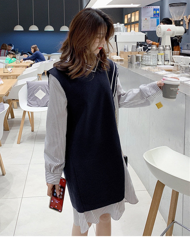 CM-SF122119 Women Casual Seoul Style V-Neck Tank Dress With Loosen Stripes Shirt Dress - Set